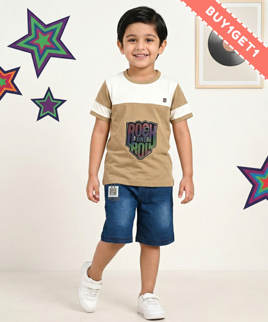 Rock and Roll Premium Half Sleeves T-Shirt & Denim Shorts Set | Brown