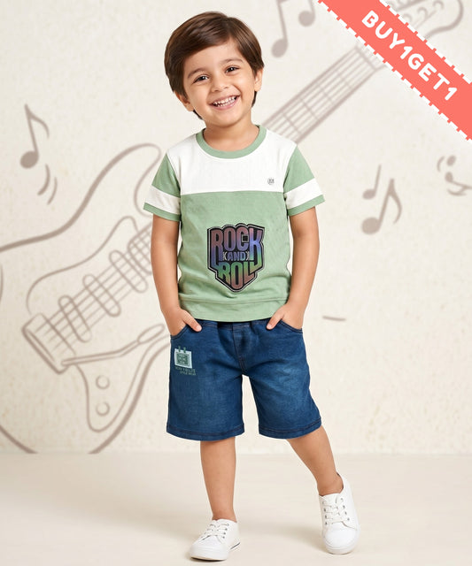 Rock and Roll Premium Half Sleeves T-Shirt & Denim Shorts Set | Green
