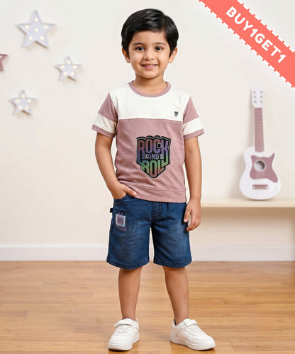 Rock and Roll Premium Half Sleeves T-Shirt & Denim Shorts Set | Violet