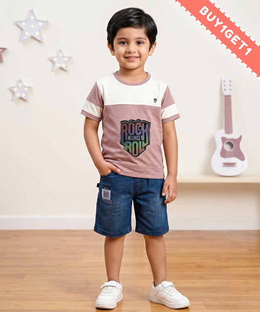 Rock and Roll Premium Half Sleeves T-Shirt & Denim Shorts Set | Violet