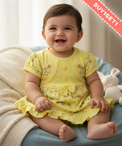 Baby Birds Half Sleeves Frock & Bloomer Pant Set | Yellow