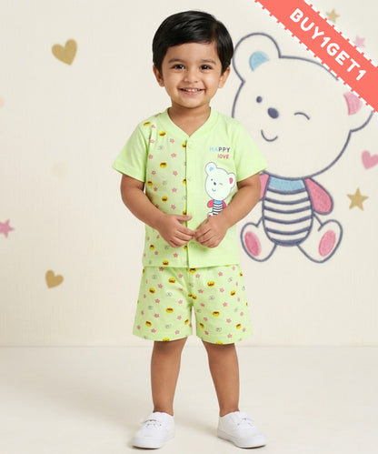 Happy Bear Half Sleeves Front Open T-Shirt & Half Pant Set | Green