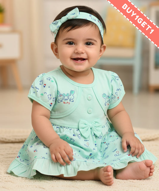 Baby Birds Half Sleeves Frock & Bloomer Pant Set | Green