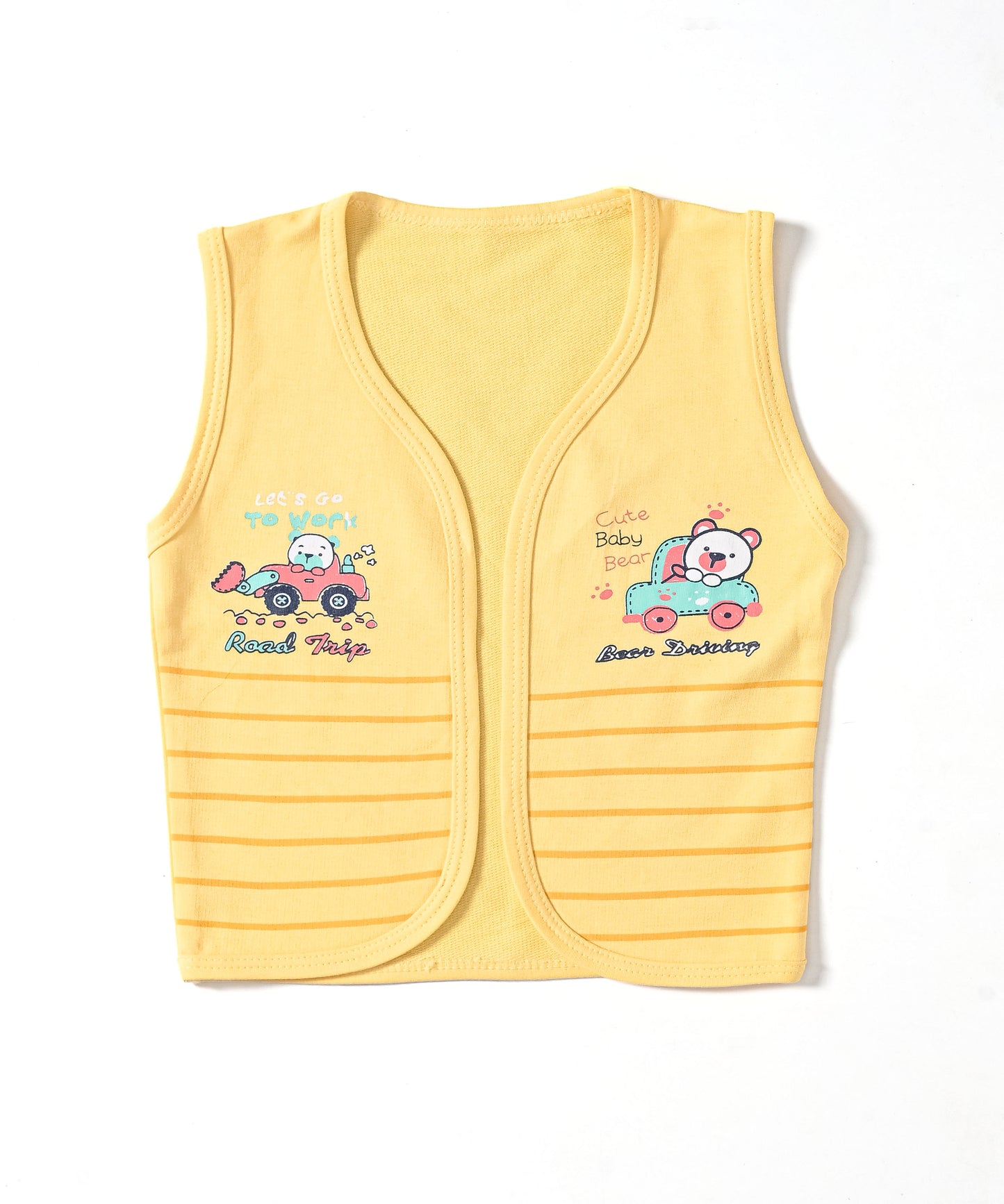 Driving Bear 3-Piece Half Sleeves T-Shirt & Half Pant Set with Sleeveless Jacket | Yellow