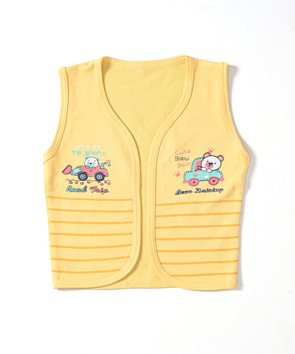 Driving Bear 3-Piece Half Sleeves T-Shirt & Half Pant Set with Sleeveless Jacket | Yellow