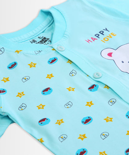 Happy Bear Half Sleeves Front Open T-Shirt & Half Pant Set | Blue