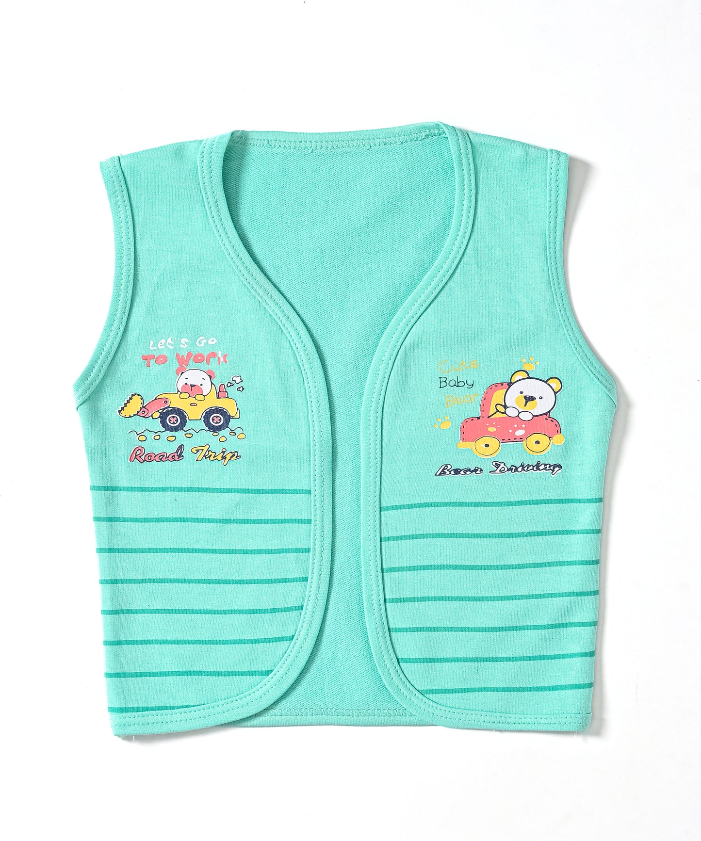 Driving Bear 3-Piece Half Sleeves T-Shirt & Half Pant Set with Sleeveless Jacket | Green