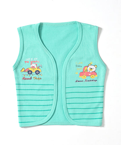 Driving Bear 3-Piece Half Sleeves T-Shirt & Half Pant Set with Sleeveless Jacket | Green