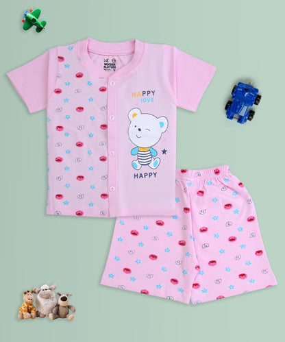 Happy Bear Half Sleeves Front Open T-Shirt & Half Pant Set | Pink