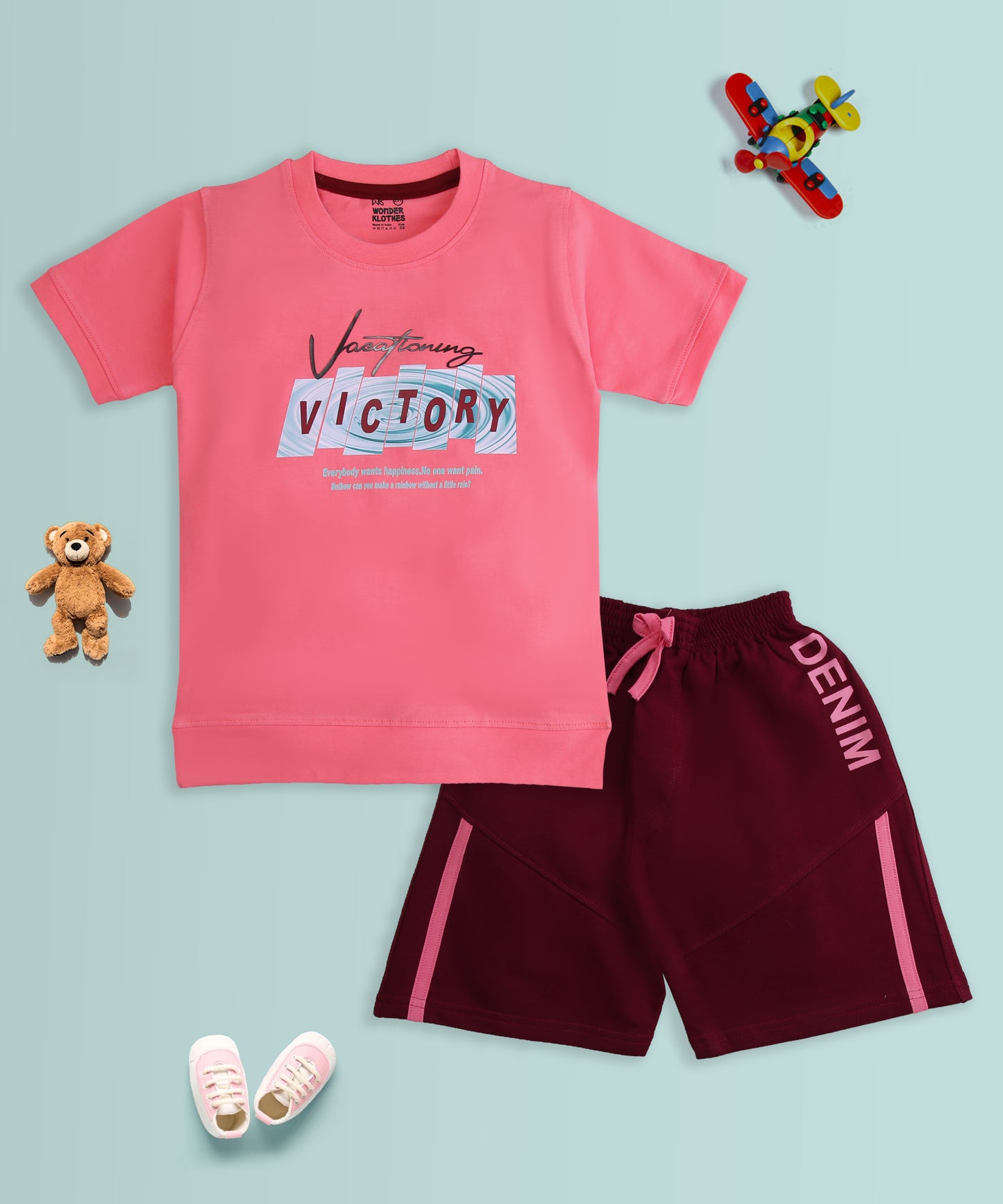 Victory Half Sleeves T-Shirt & Shorts Set | Pink