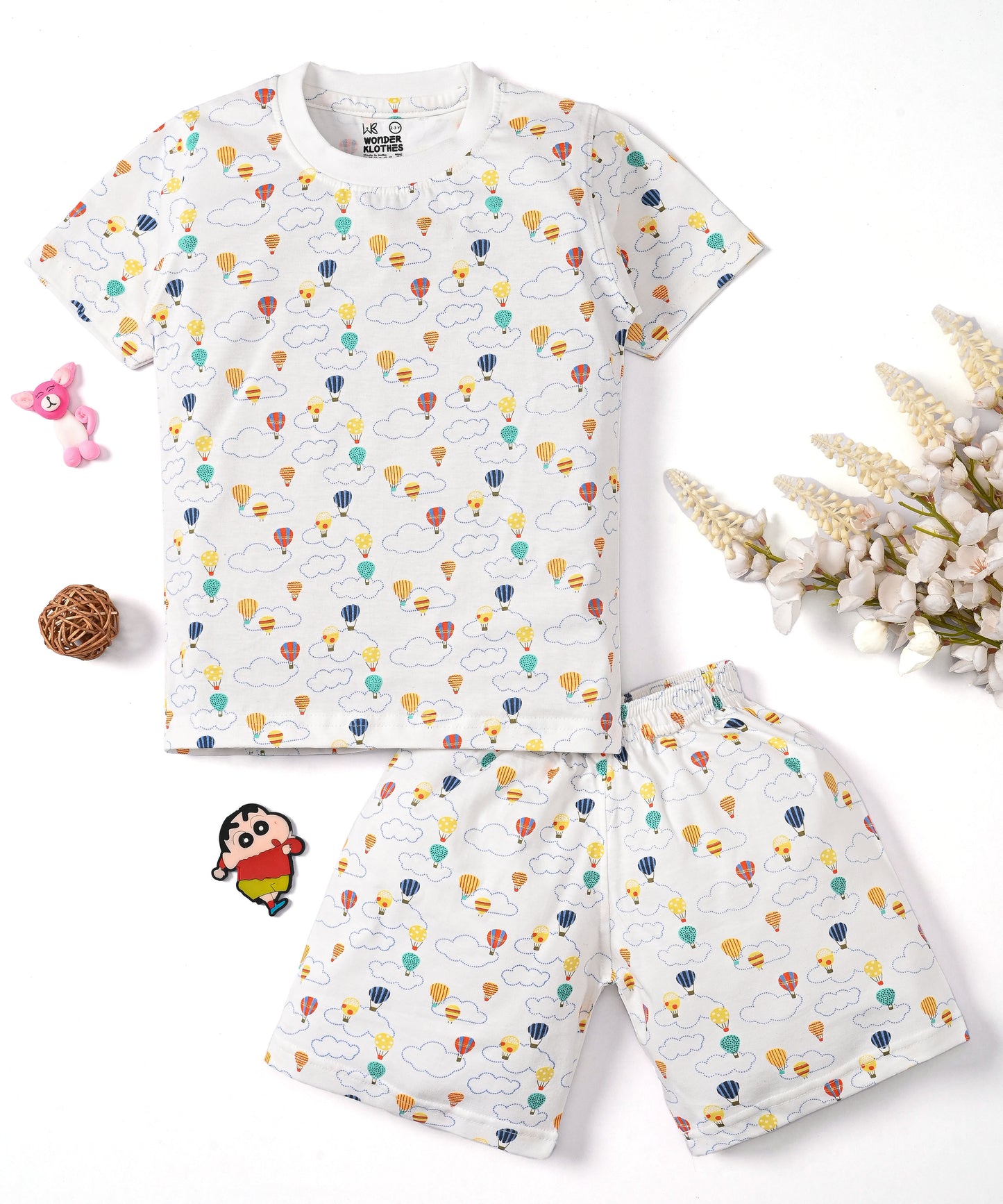 Moon Space and Hot Air Balloon Half Sleeves T-Shirt & Half Pant Set | Pack of 2