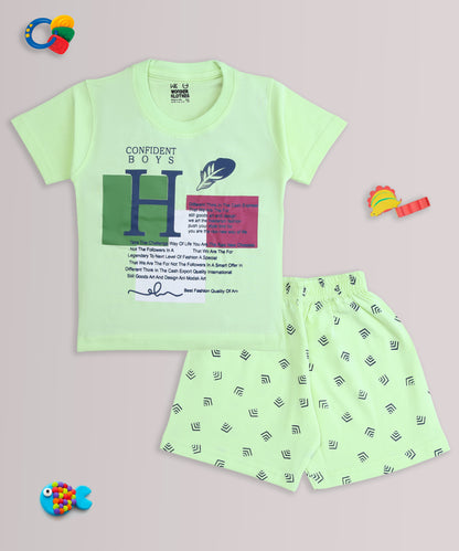 Feather Half Sleeves T-Shirt & Half Pant Set | Green