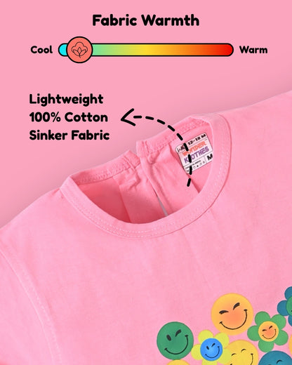 Smiley Faces Short Sleeves Top & Full Pant Set | Pink