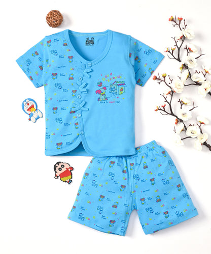 Friends Half Sleeves Front Open T-Shirt & Half Pant Set | Blue