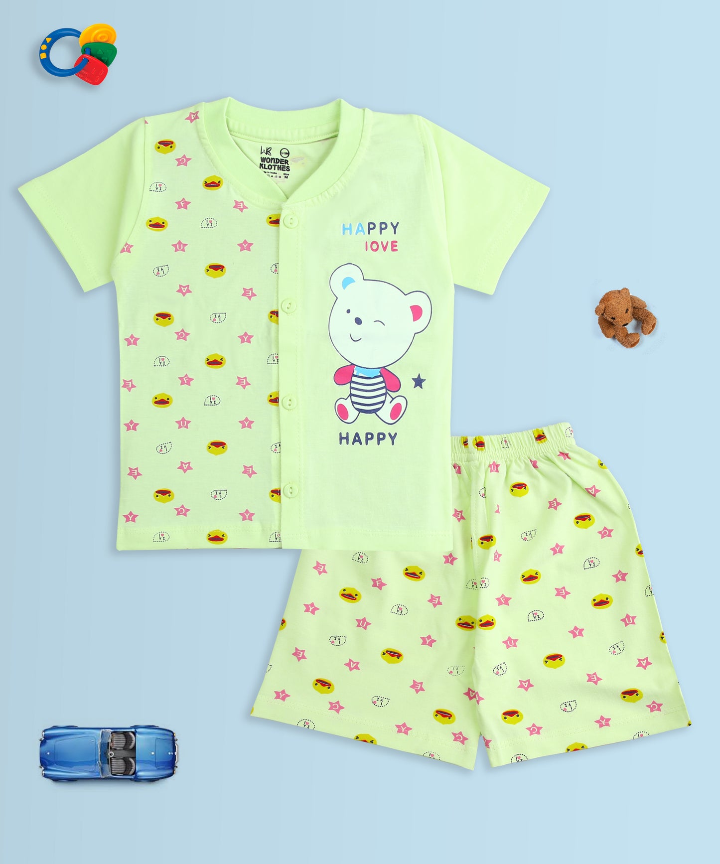 Happy Bear Half Sleeves Front Open T-Shirt & Half Pant Set | Green