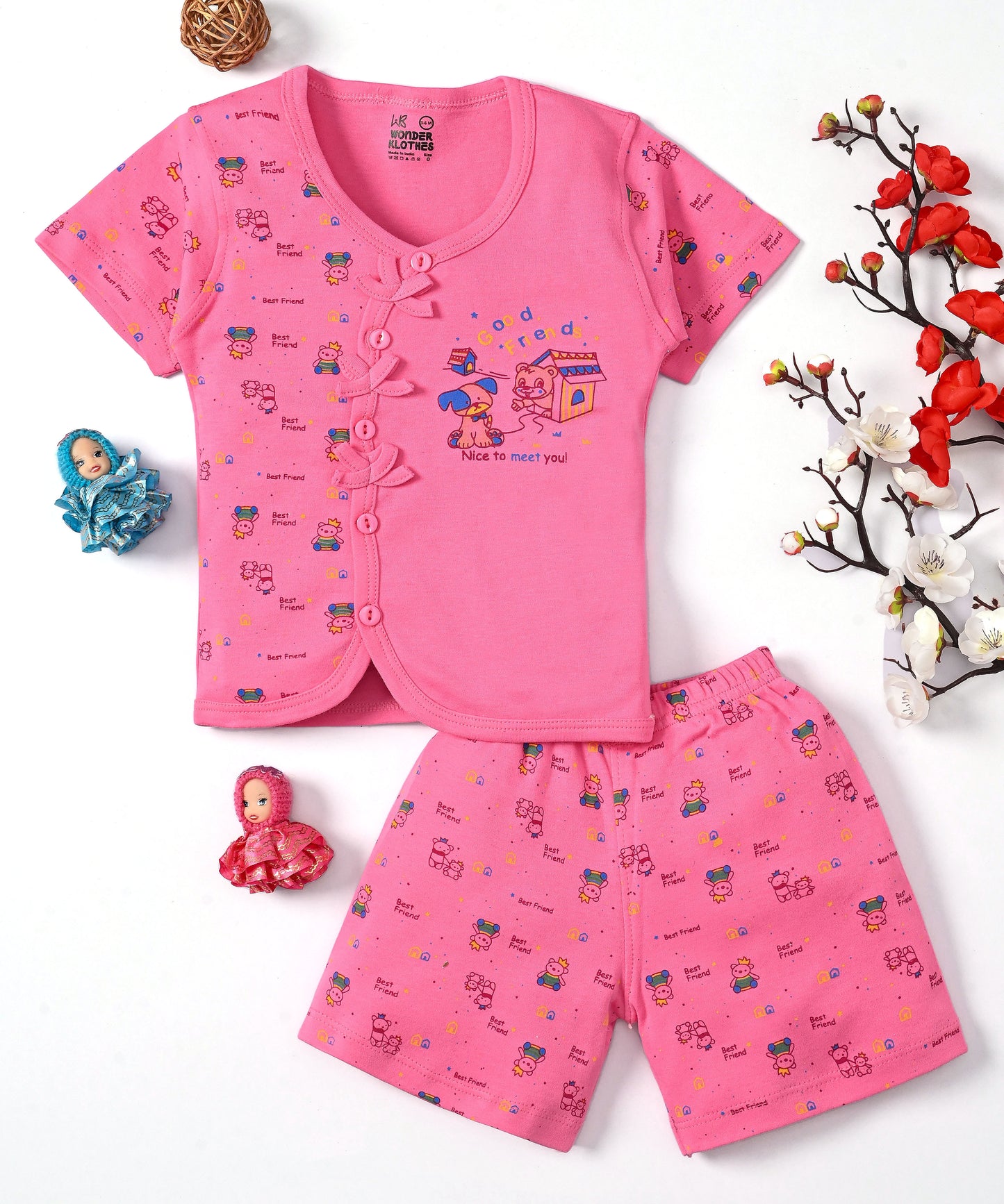 Friends Half Sleeves Front Open T-Shirt & Half Pant Set | Pink