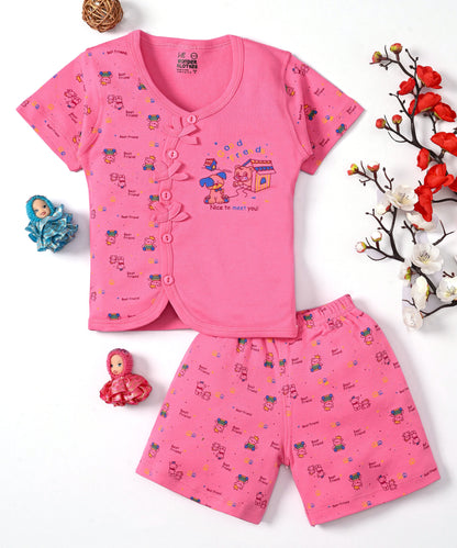 Friends Half Sleeves Front Open T-Shirt & Half Pant Set | Pink