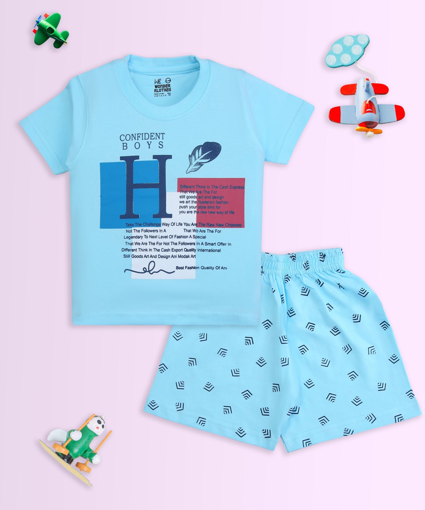 Feather Half Sleeves T-Shirt & Half Pant Set | Blue