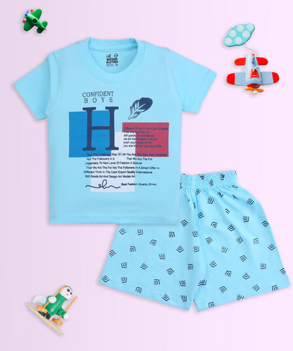 Feather Half Sleeves T-Shirt & Half Pant Set | Blue