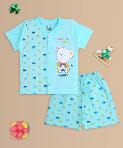 Happy Bear Half Sleeves Front Open T-Shirt & Half Pant Set | Blue