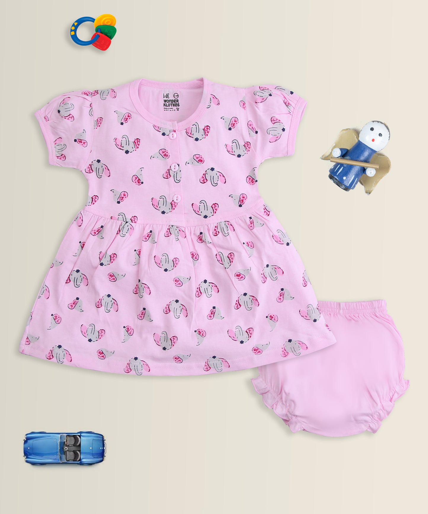 Elephant Half Sleeves Frock & Bloomer Pant Set | Pink
