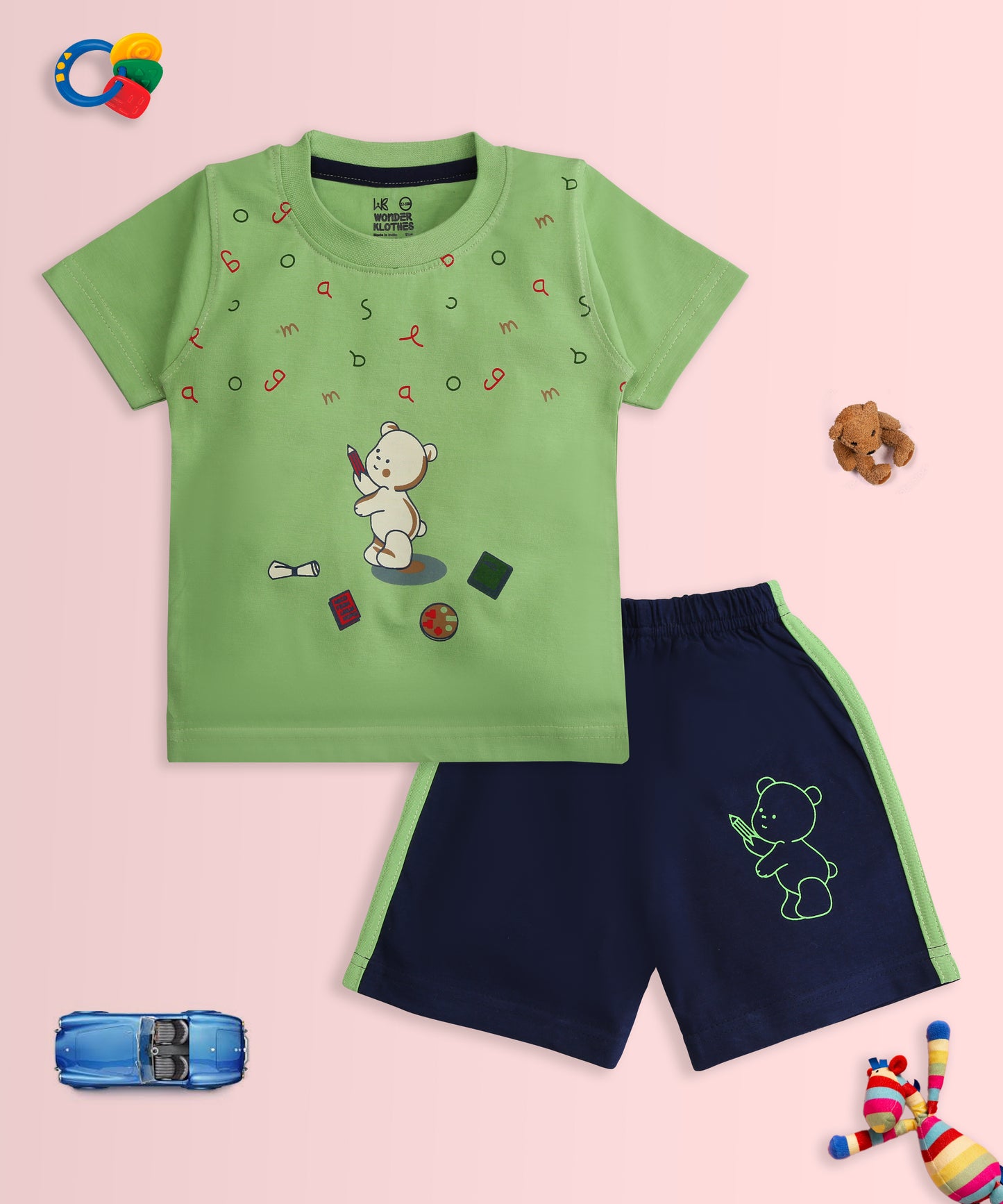 Teddy Alphabet Half Sleeves T-Shirt & Half Pant Set | Green