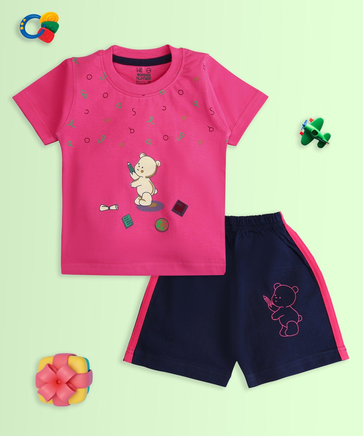 Teddy Alphabet Half Sleeves T-Shirt & Half Pant Set | Pink
