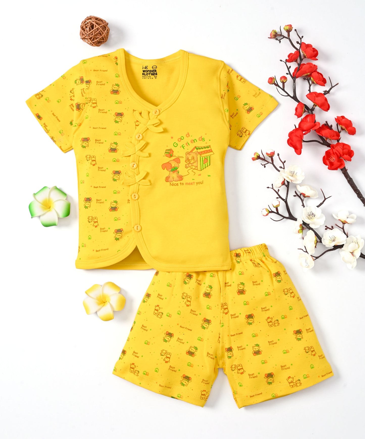 Friends Half Sleeves Front Open T-Shirt & Half Pant Set | Yellow