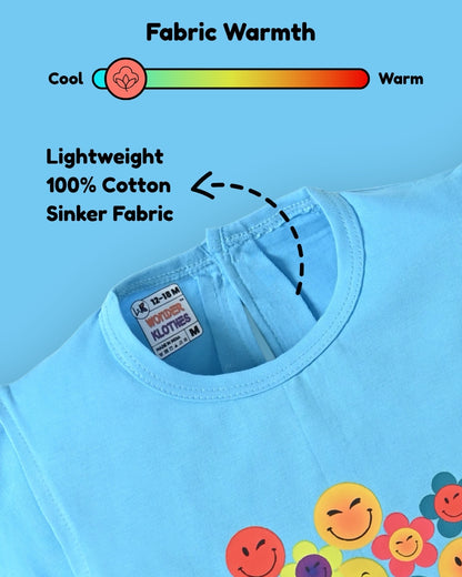 Smiley Faces Short Sleeves Top & Full Pant Set | Blue