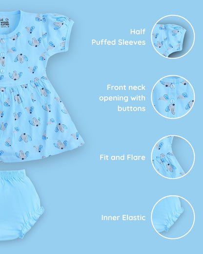 Elephant Half Sleeves Frock & Bloomer Pant Set | Blue