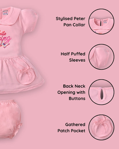 Hello Spring Half Sleeves Frock & Bloomer Pant Set | Pink