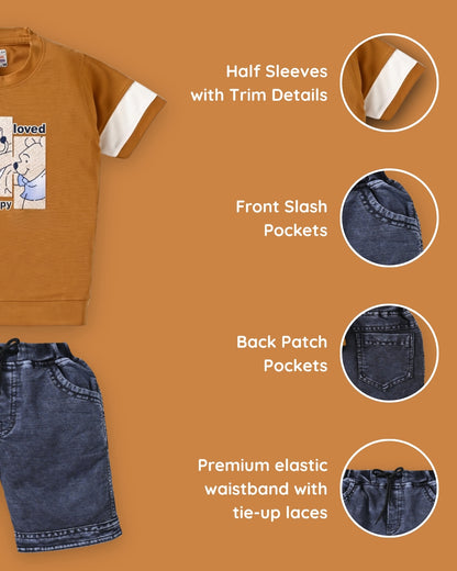 Happy Teddy Half Sleeves T-Shirt & RFD Shorts Set | Yellow