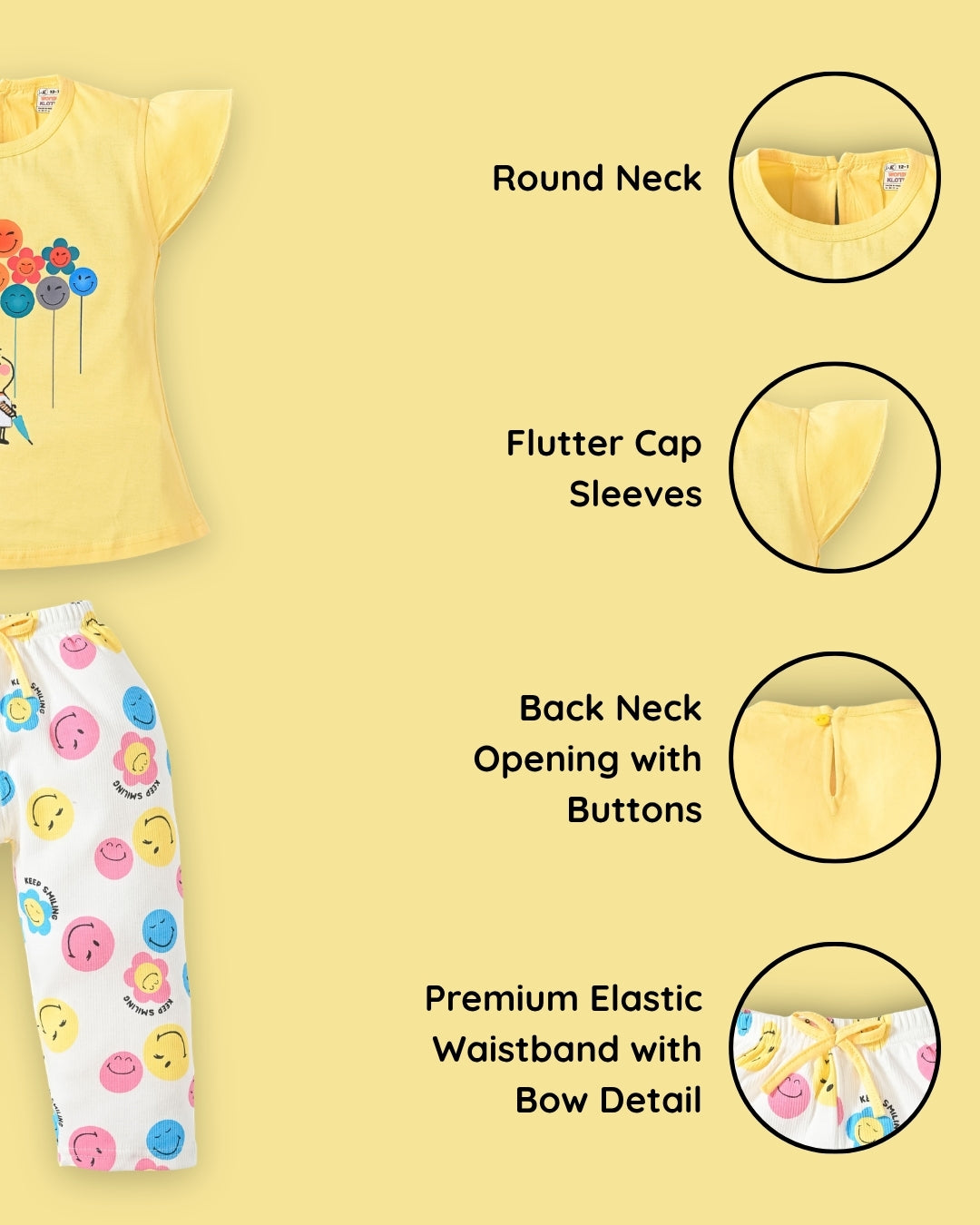 Smiley Faces Short Sleeves Top & Full Pant Set | Yellow