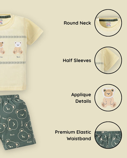 Teddy Trio Half Sleeves T-Shirt & Half Pant Set | Green