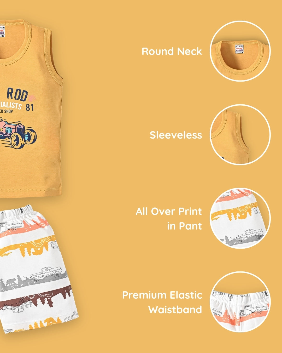 Hot Rod Racer Sleeveless T-Shirt & Half Pant Set | Yellow
