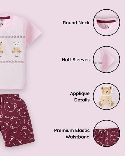 Teddy Trio Half Sleeves T-Shirt & Half Pant Set | Pink
