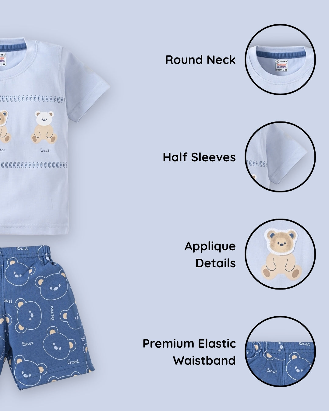 Teddy Trio Half Sleeves T-Shirt & Half Pant Set | Blue