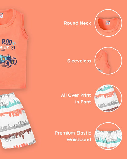 Hot Rod Racer Sleeveless T-Shirt & Half Pant Set | Orange