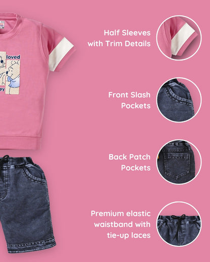 Happy Teddy Half Sleeves T-Shirt & RFD Shorts Set | Pink