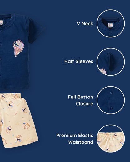 Sweet Scoops Half Sleeves Front Open T-Shirt & Half Pant Set | Blue