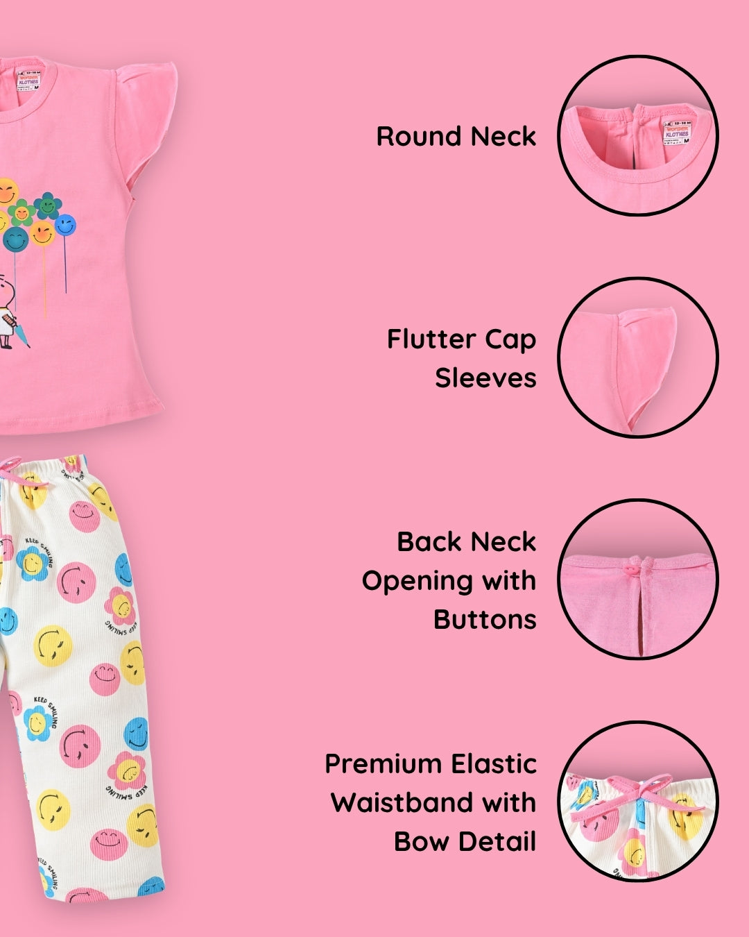 Smiley Faces Short Sleeves Top & Full Pant Set | Pink