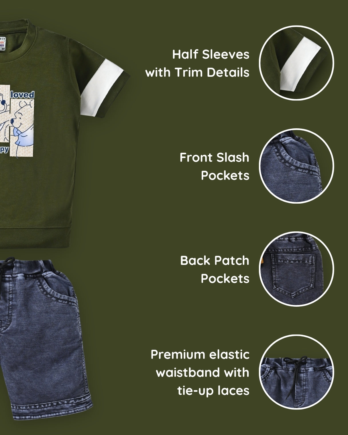 Happy Teddy Half Sleeves T-Shirt & RFD Shorts Set | Green