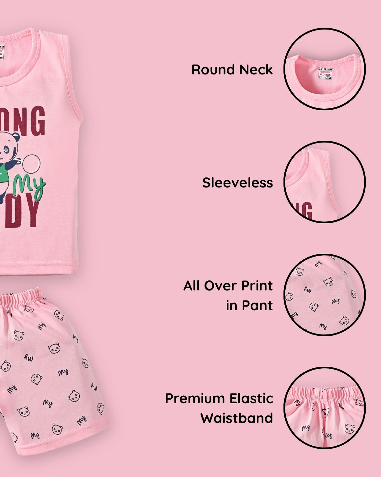 Strong Daddy Sleeveless T-Shirt & Half Pant Set | Pink