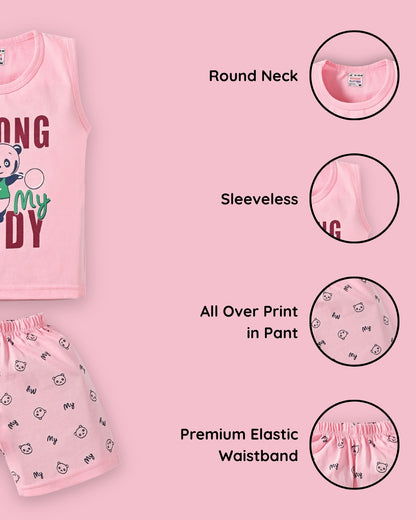 Strong Daddy Sleeveless T-Shirt & Half Pant Set | Pink