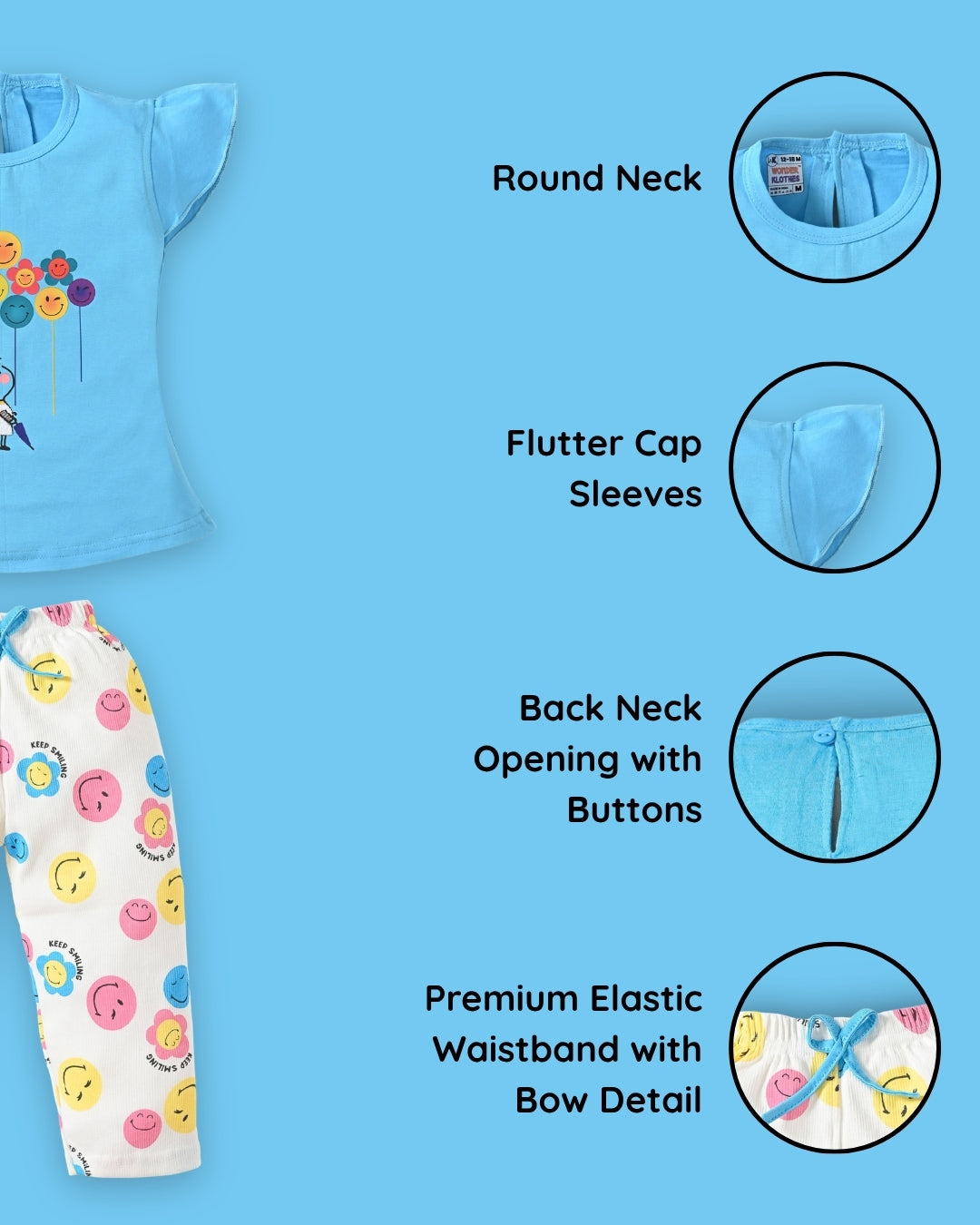 Smiley Faces Short Sleeves Top & Full Pant Set | Blue