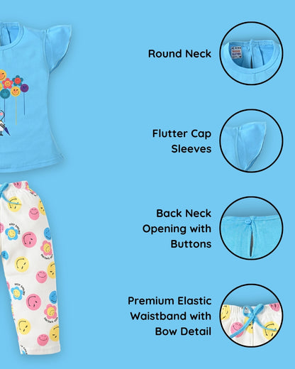 Smiley Faces Short Sleeves Top & Full Pant Set | Blue