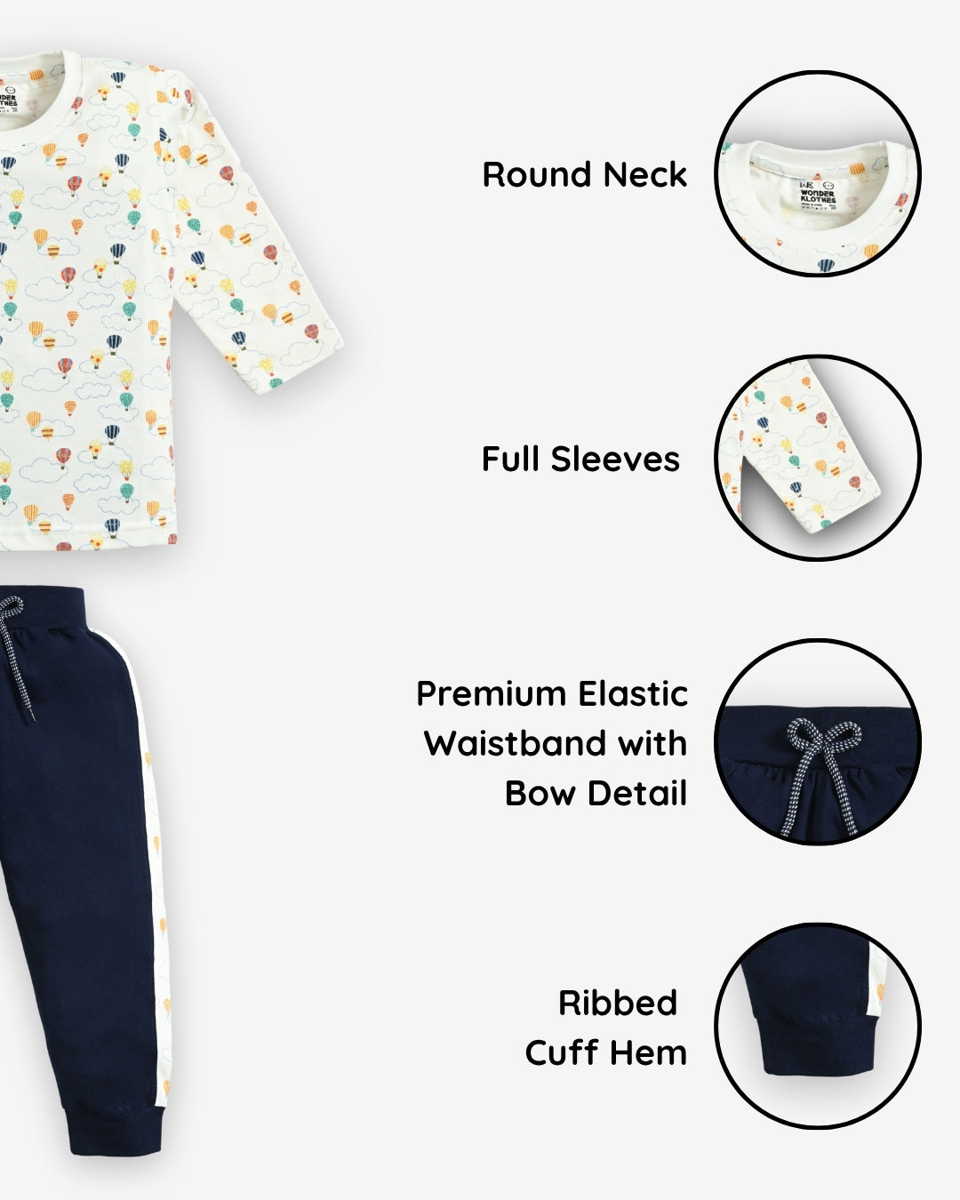 Hot Air Balloon and Moon Space Full Sleeves T-Shirt & Pyjama Set | Pack of 2