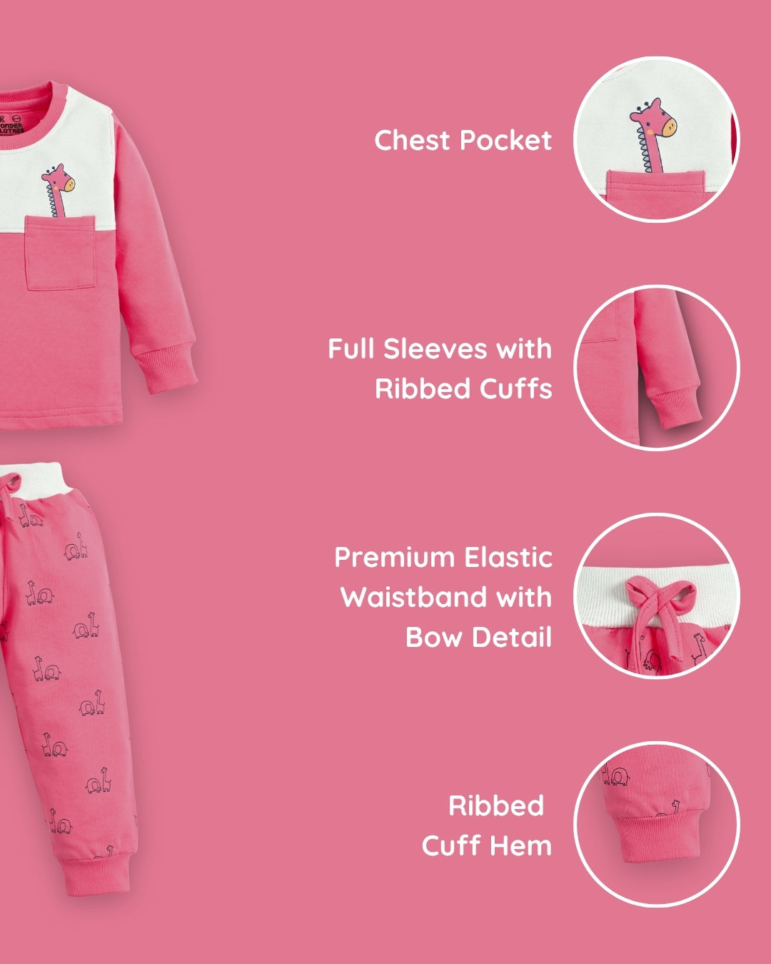 Jungle Buddies Full Sleeves Sweatshirt & Joggers Set | Pink