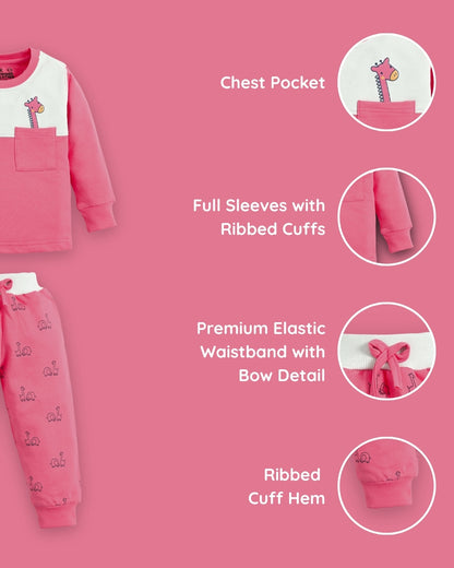 Jungle Buddies Full Sleeves Sweatshirt & Joggers Set | Pink