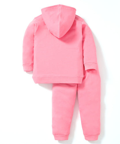 Little Astronaut Full Sleeves Fleece Front-Open Hooded Sweatshirt and Joggers Set | Pink
